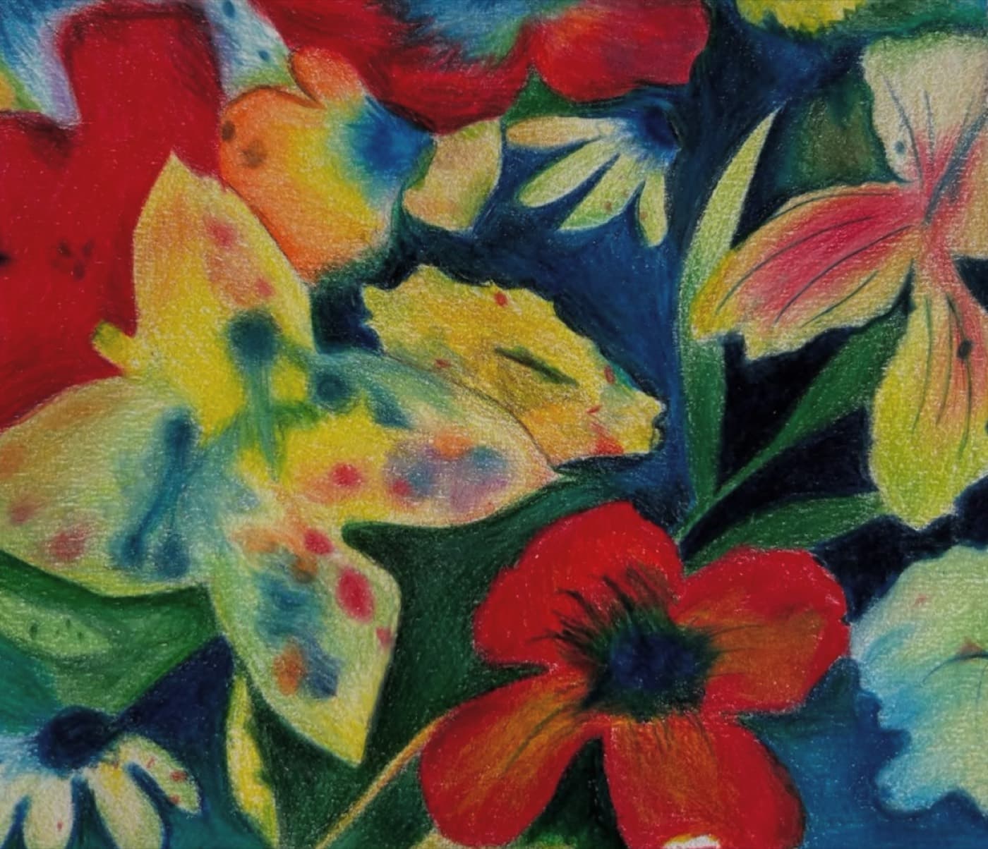 Dense, saturated colored pencil composition of overlapping abstract flowers in red, yellow, and deep blue.