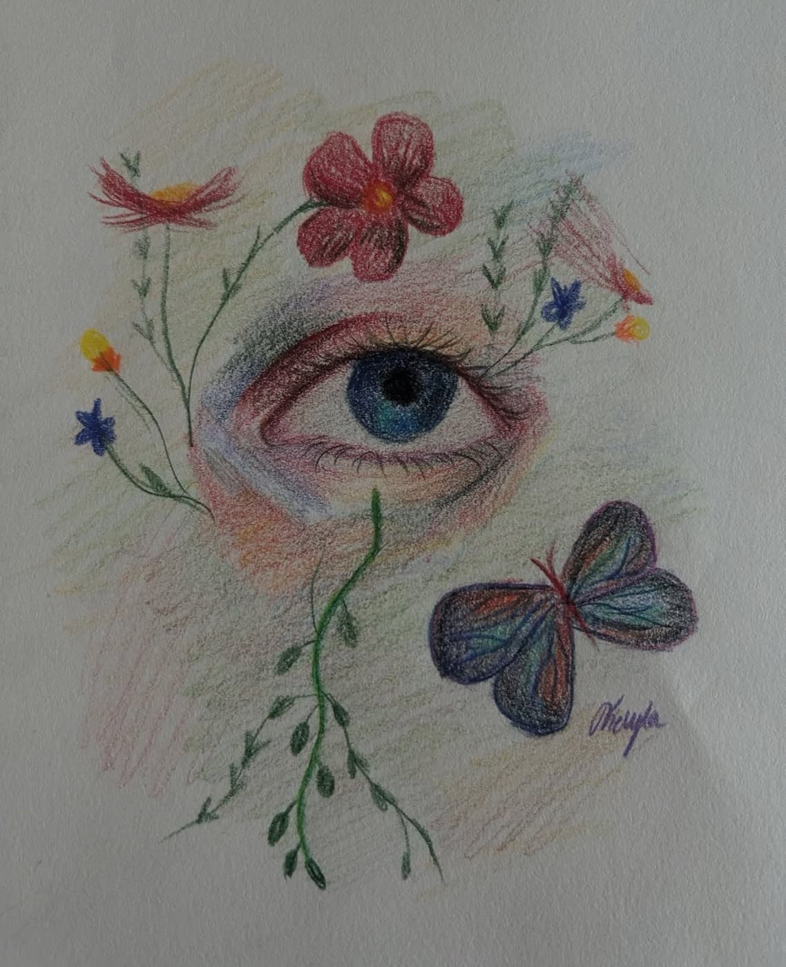 Colored pencil drawing of a blue eye surrounded by wildflowers and a purple butterfly.