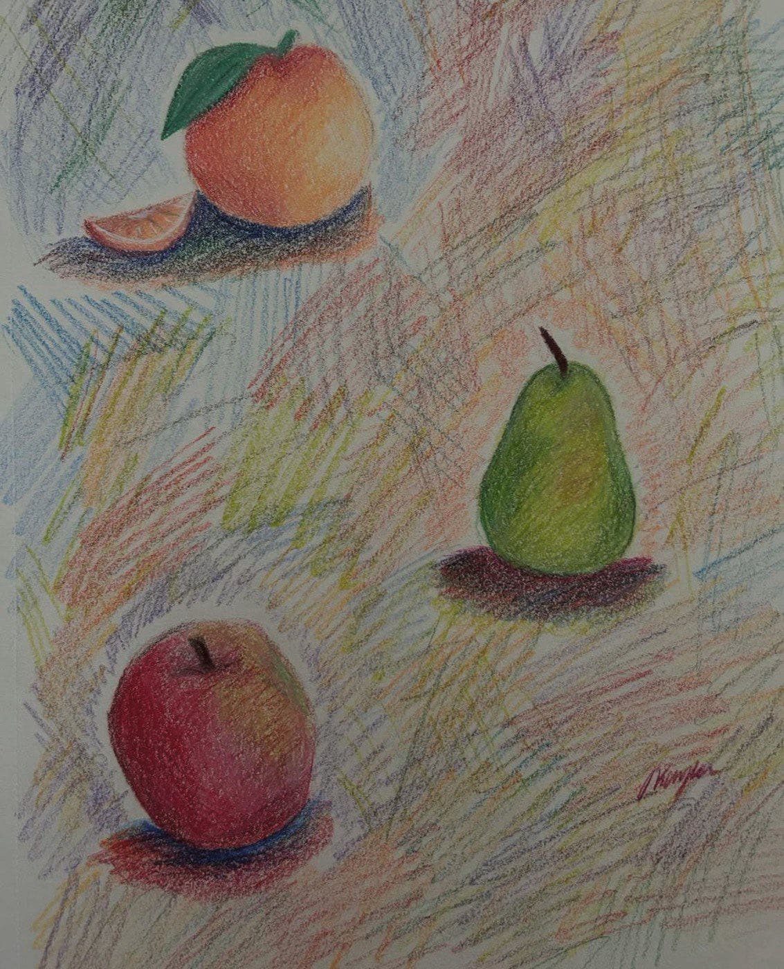 Colored pencil still life of an orange, a pear, and an apple over loose crosshatched color.