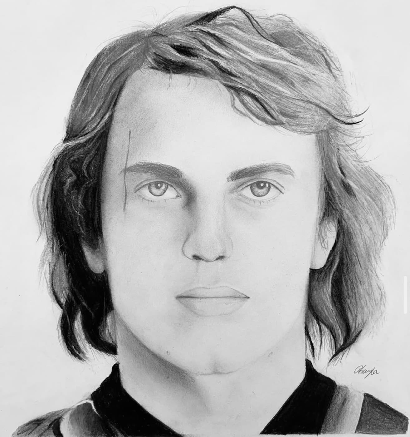 Graphite portrait of Anakin Skywalker with his scar, from Star Wars.