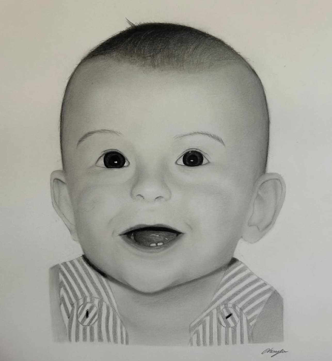 Commissioned graphite portrait of a smiling baby in striped overalls.