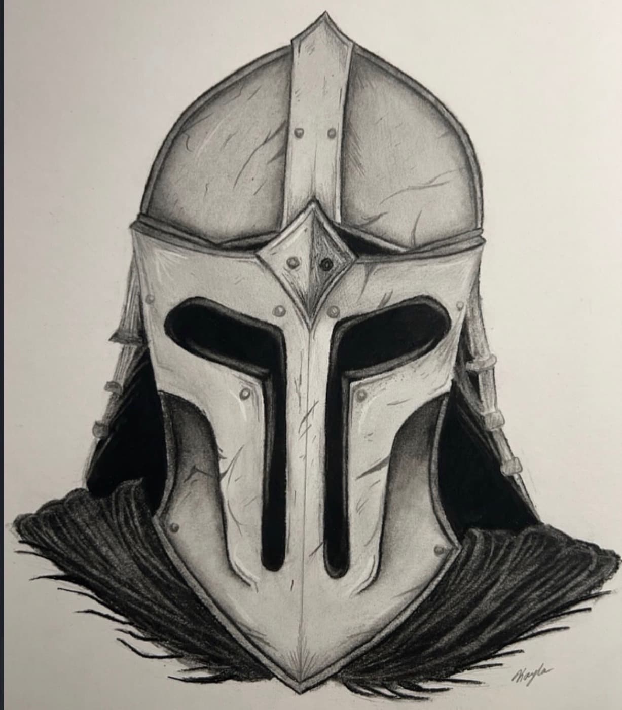 Commissioned graphite drawing of a battle-worn medieval helmet with dark eye openings and textured shoulder fabric.