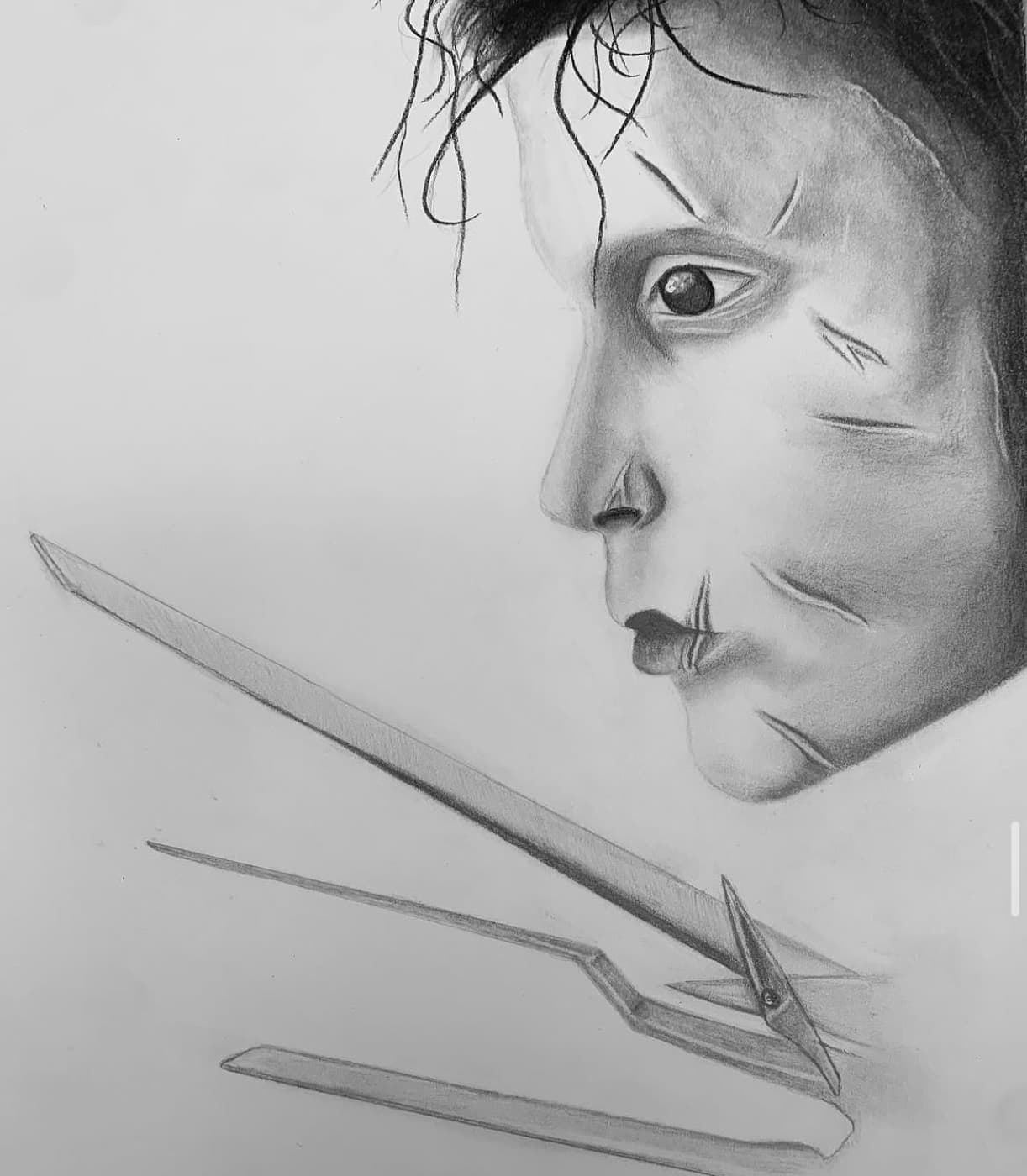 Graphite drawing of Edward Scissorhands in profile with scissor blades in the foreground.
