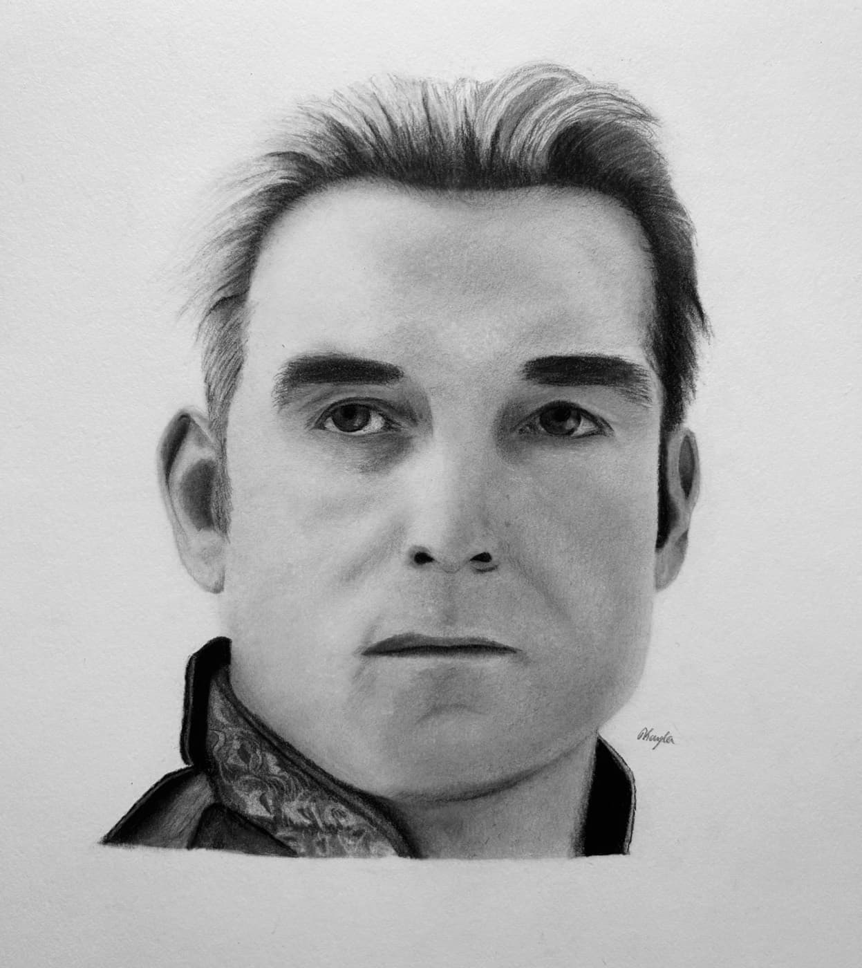 Graphite portrait of a man with swept-back hair and a patterned collar.