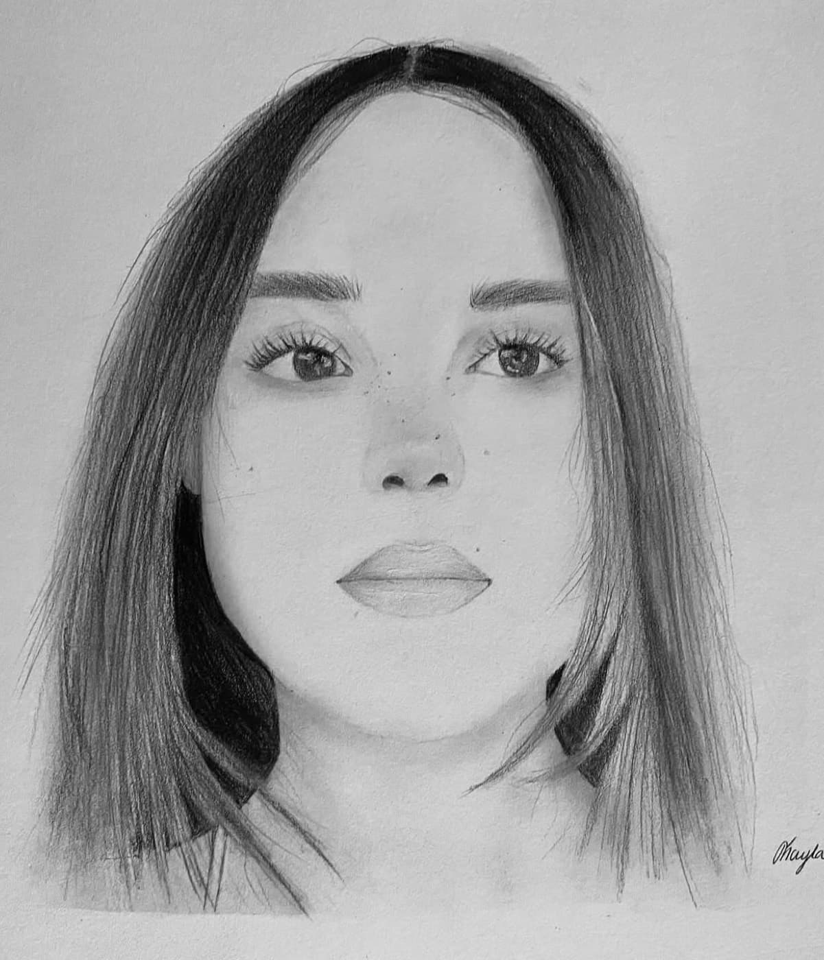 Graphite portrait of a woman with a center-parted bob looking straight ahead.