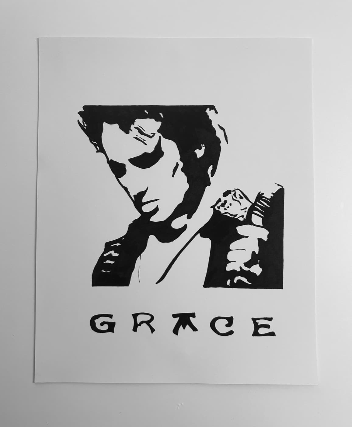 Black ink portrait of Jeff Buckley with hand-lettered Grace album title.