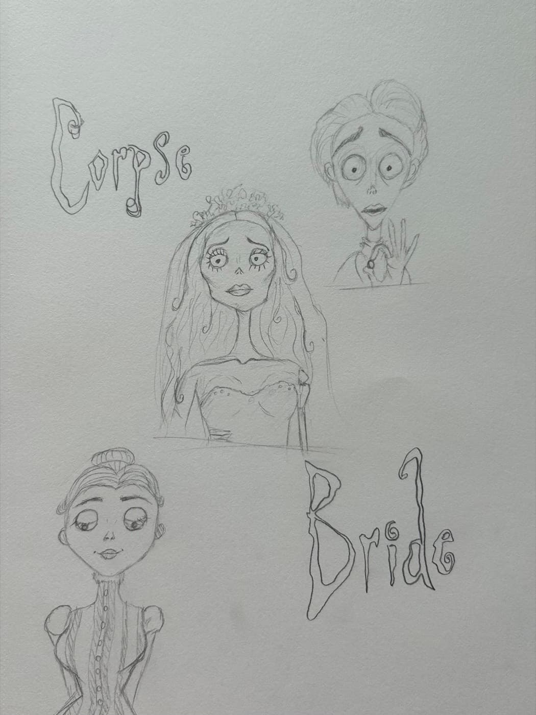 Sketchbook page of Corpse Bride character studies with hand-lettered title.