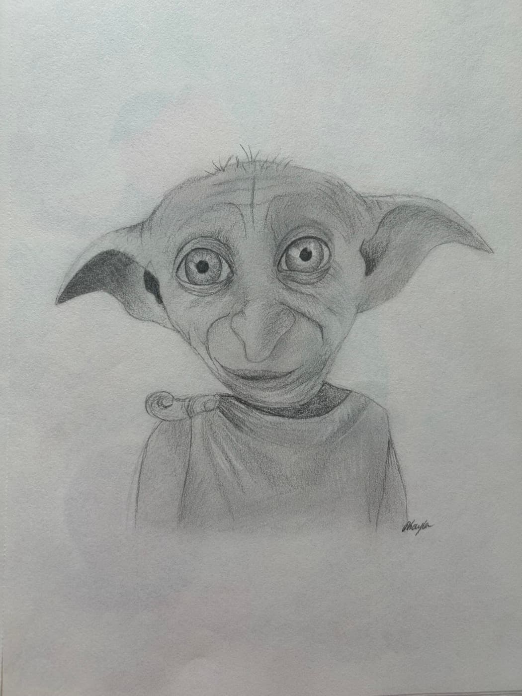 Pencil drawing of Dobby the house-elf from Harry Potter.