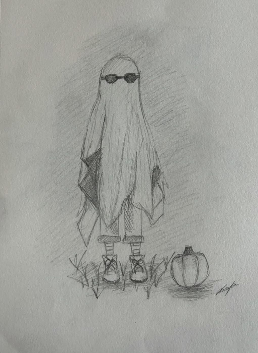Pencil sketch of a sheet ghost wearing sunglasses and boots beside a pumpkin.