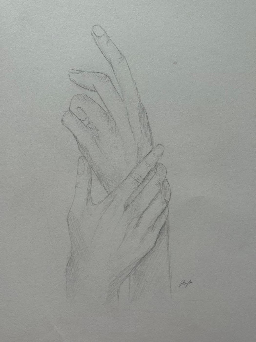 Graphite study of two overlapping hands with extended fingers.