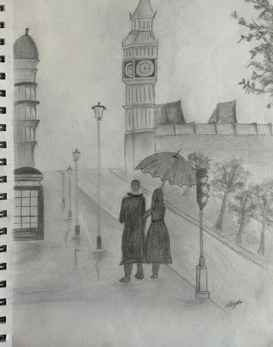 Sketchbook scene of a couple under an umbrella on a rainy London street near Big Ben.