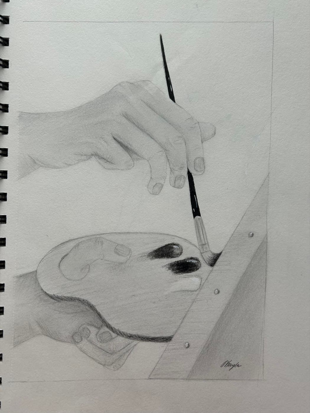Sketchbook drawing of a hand painting with a brush over a palette held in another hand.