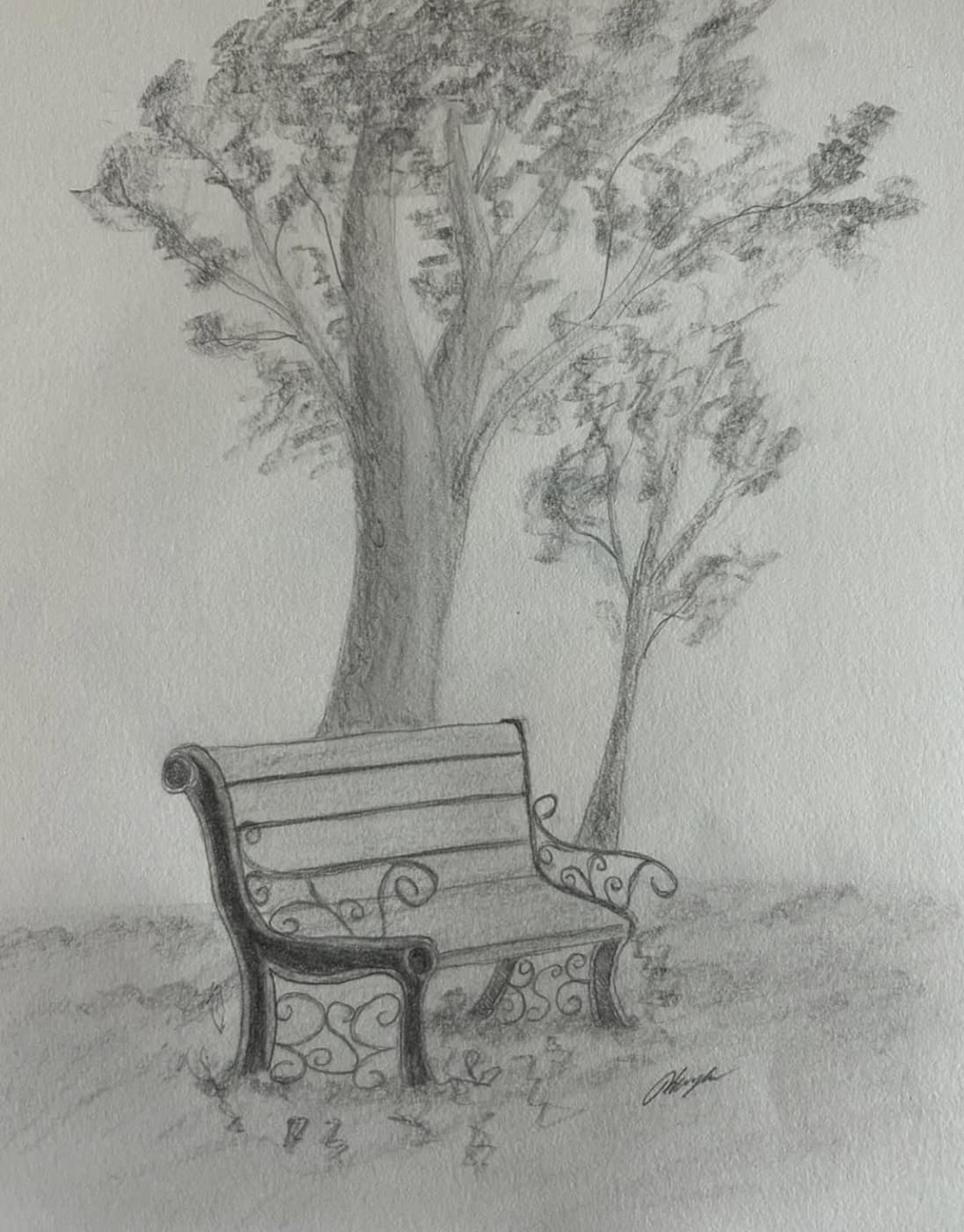 Graphite sketch of an iron park bench beneath two trees.