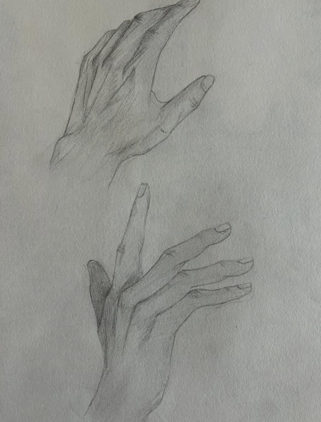 Graphite study of two hands reaching toward each other.