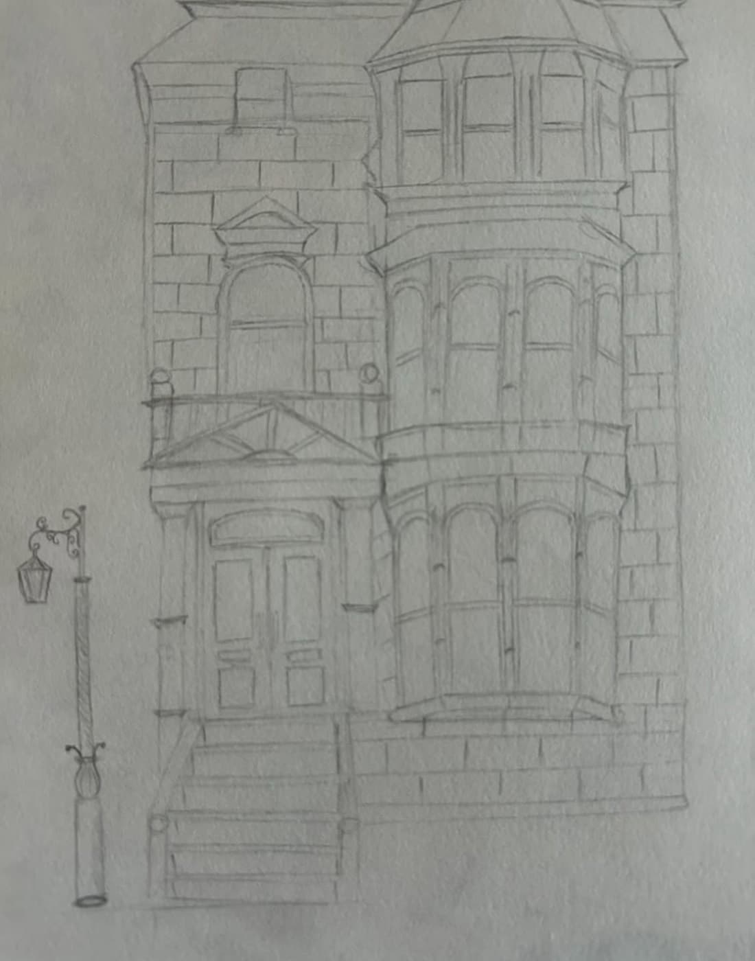 Pencil sketch of a Victorian house facade with a bay window and street lamp.