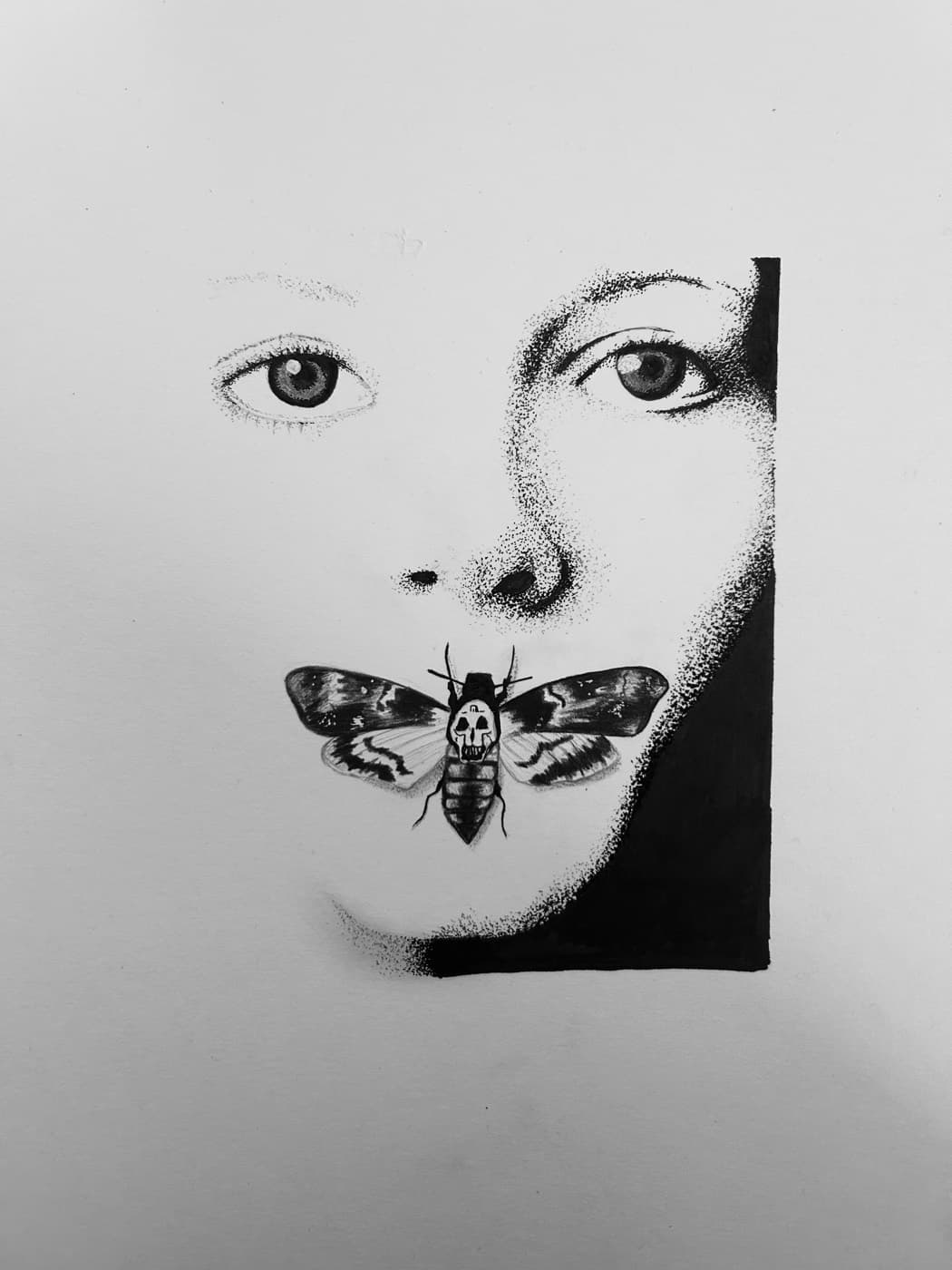 Stippled portrait of a face emerging from shadow with a death's-head moth over the mouth, inspired by The Silence of the Lambs.