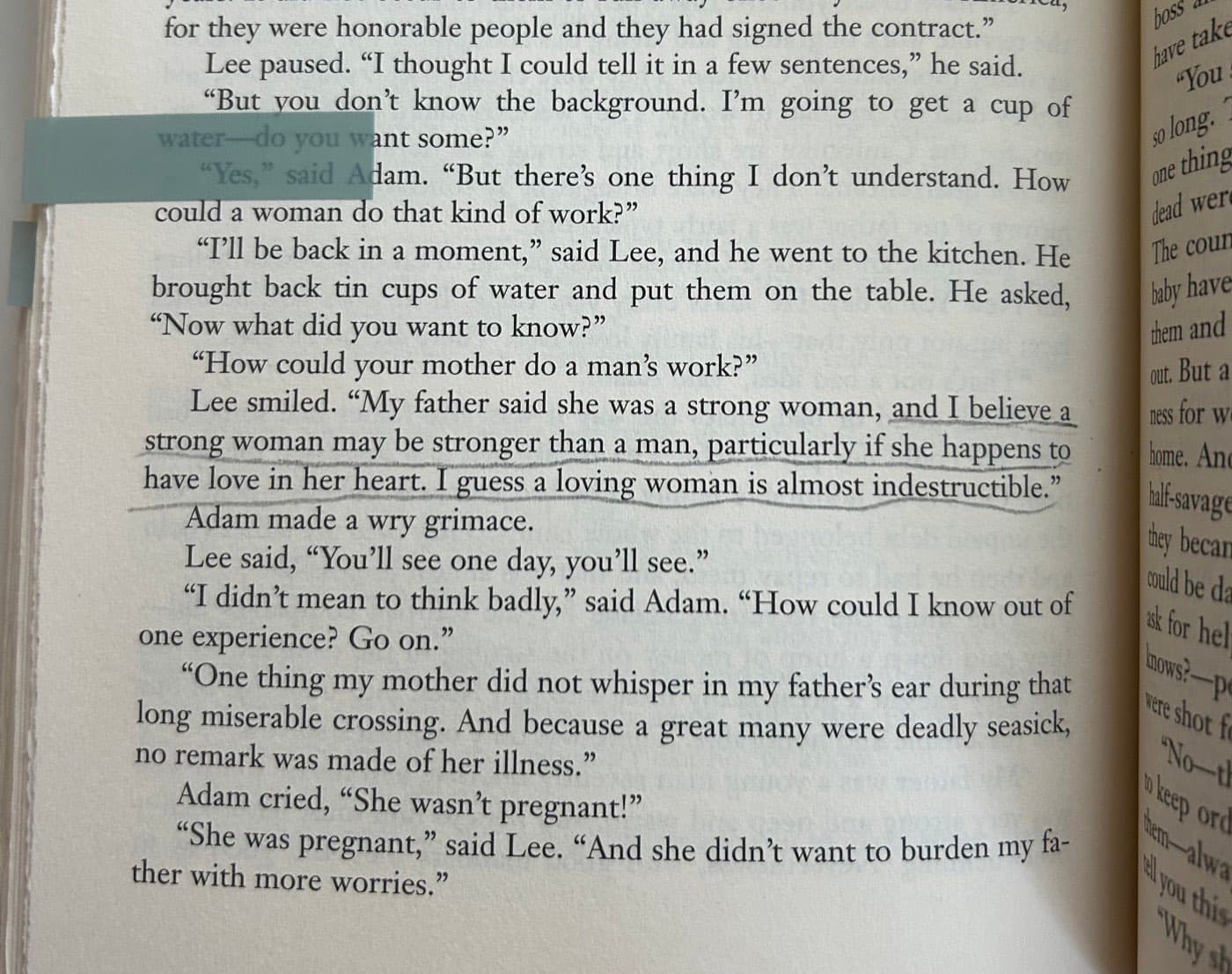 Book page from East of Eden with a passage about a strong woman underlined in pencil.