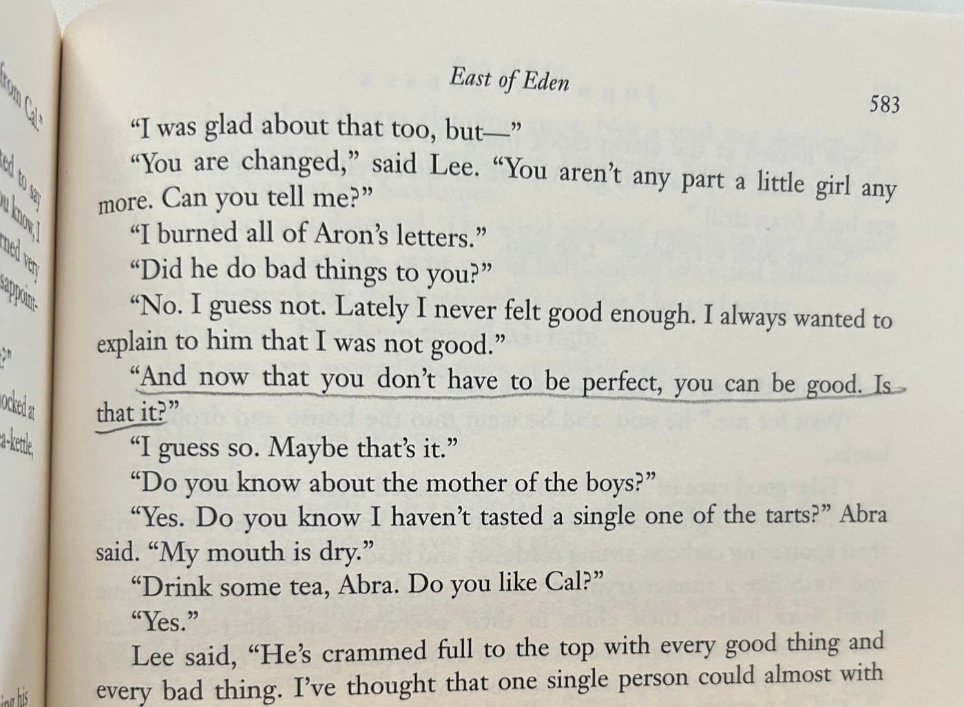 Book page from East of Eden with a line about being good underlined in pencil.
