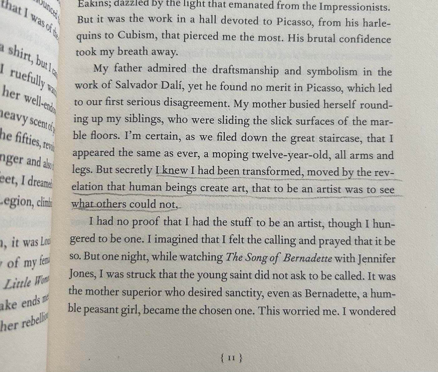 Book page from Just Kids with a passage about being transformed by art underlined in pencil.